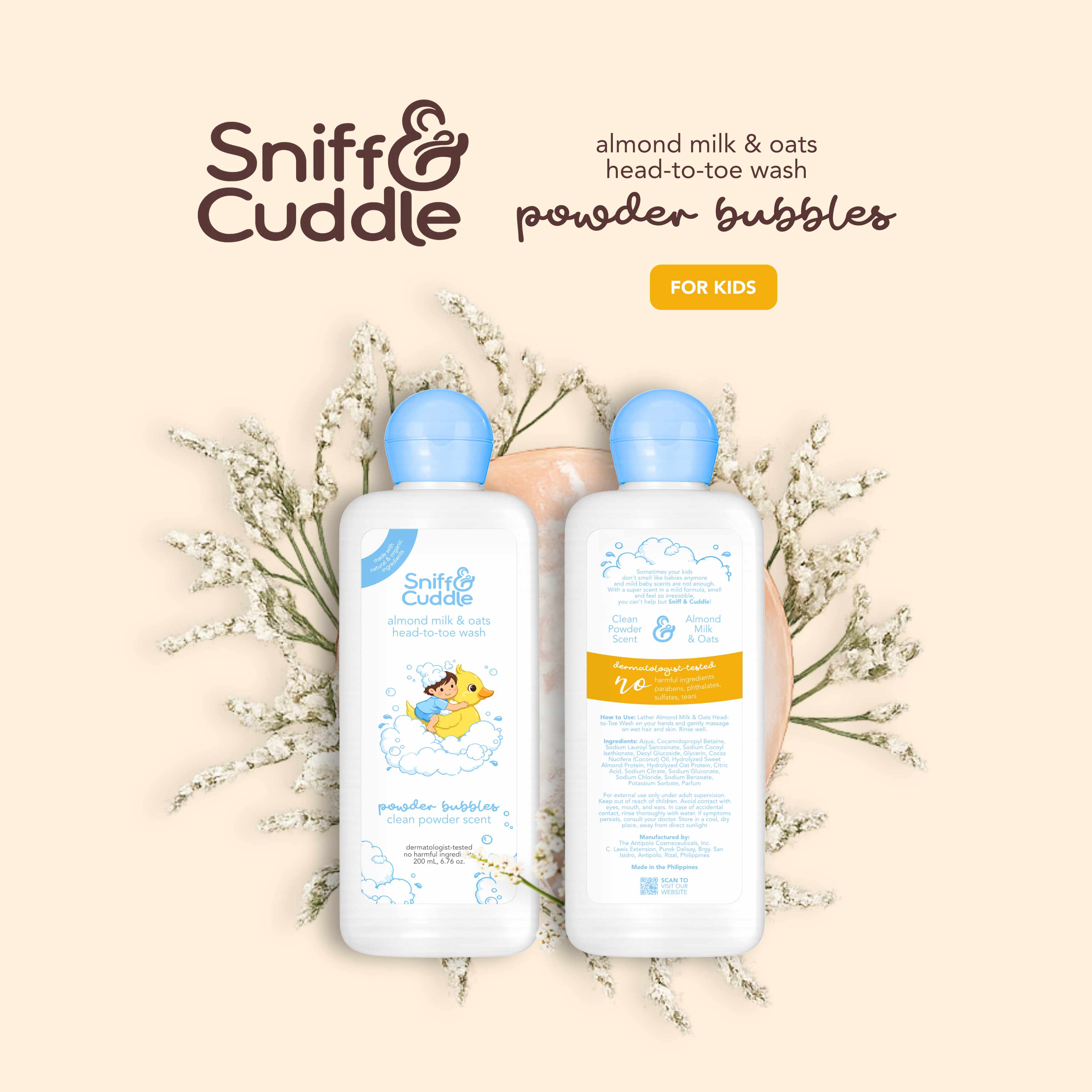 Sniff & Cuddle Almond Milk & Oats Hypoallergenic Head-to-Toe Wash for Kids - Powder Bubbles